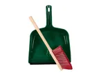 A green dustpan and a red-bristled brush with a wooden handle.