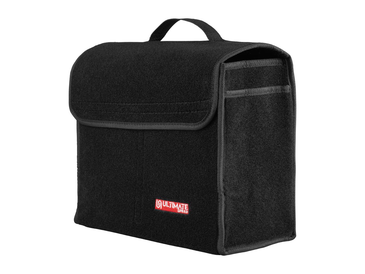 Black felt car boot organizer with a red and white logo