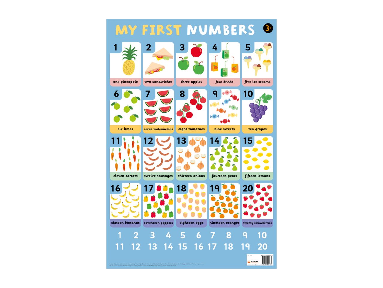 Autumn Publishing's My First Numbers chart teaches number recognition with colorful illustrations of fruits, vegetables, and other items.