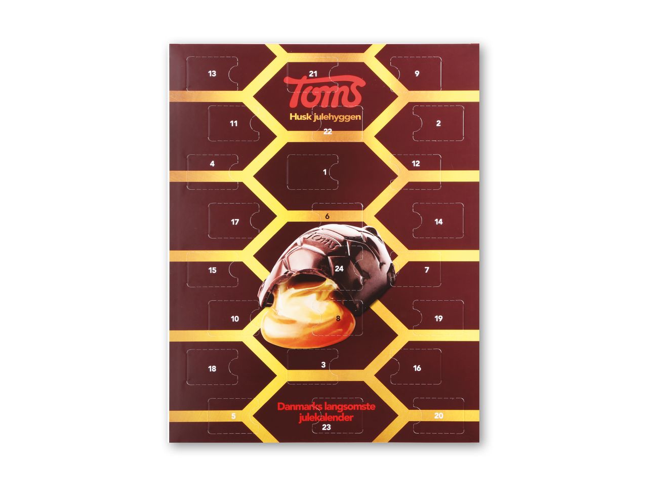 Toms julekalender med chokolade og karamel, der viser en åben chokolade med flydende karamel.