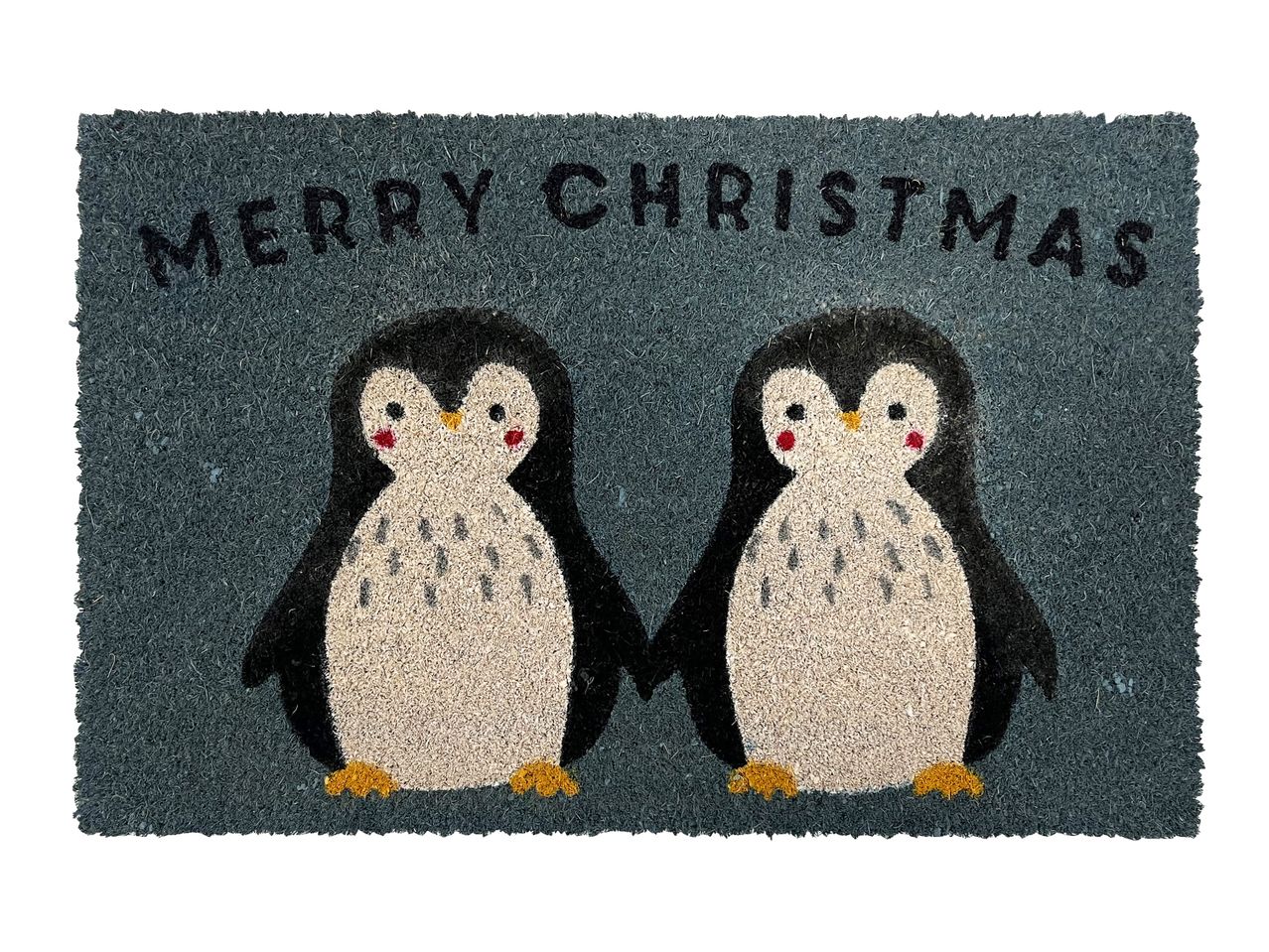 Christmas doormat with two penguins and 'MERRY CHRISTMAS' text.