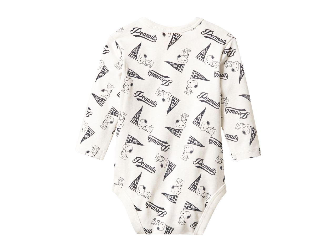 A white long-sleeved baby bodysuit with a black Peanuts character and logo print.