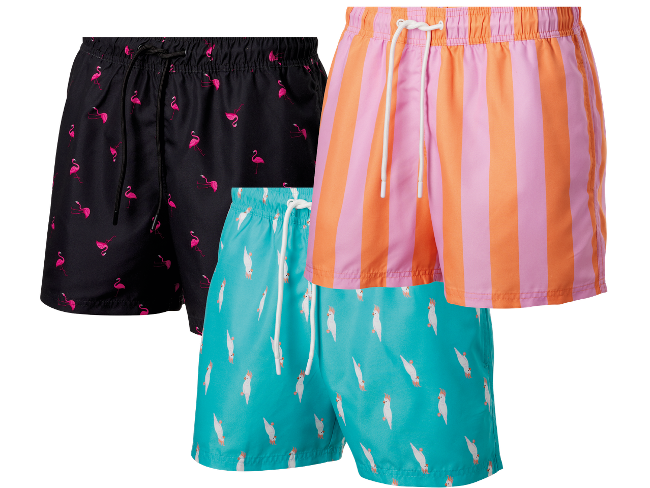 Herrbadbyxor: flamingos, ränder och kakadutryck.