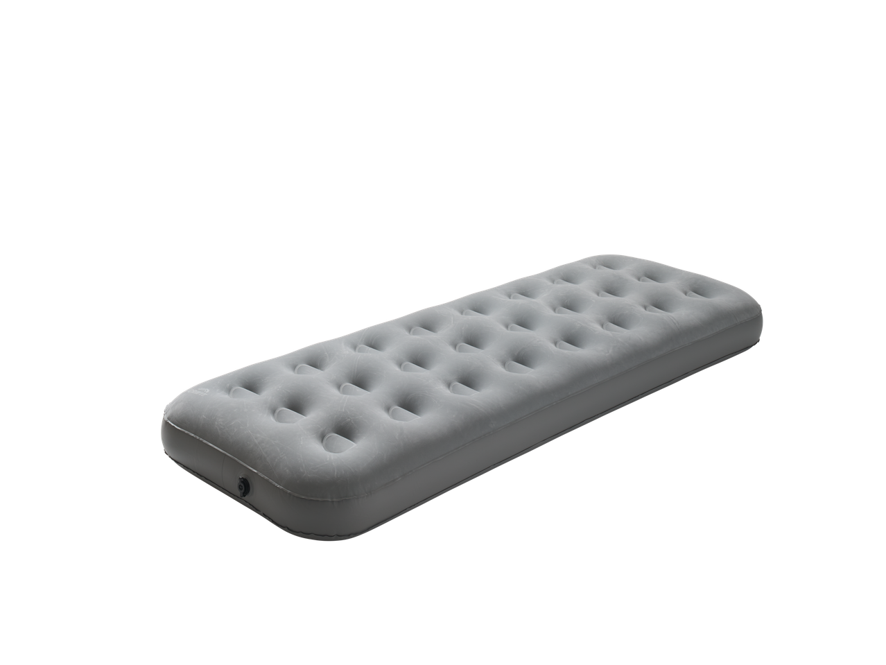 CRIVIT Camping Air Bed, grey, with a textured surface and inflation valve, on a black background.