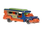 A colorful toy bus, blue and orange with a green roof, featuring 'Road Bandit' text on its side.