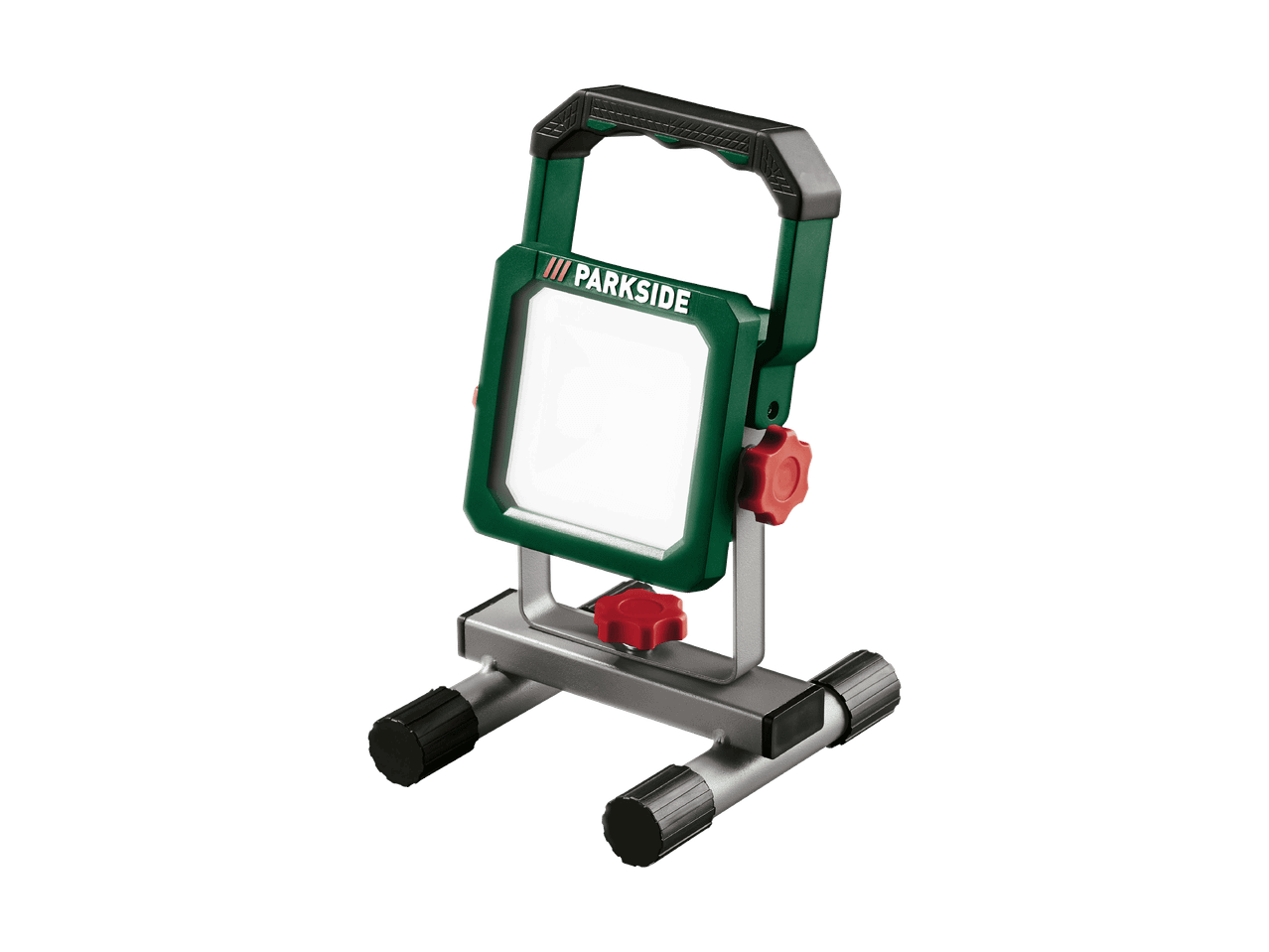 Faro da lavoro a LED portatile verde e grigio con maniglia e base regolabile.