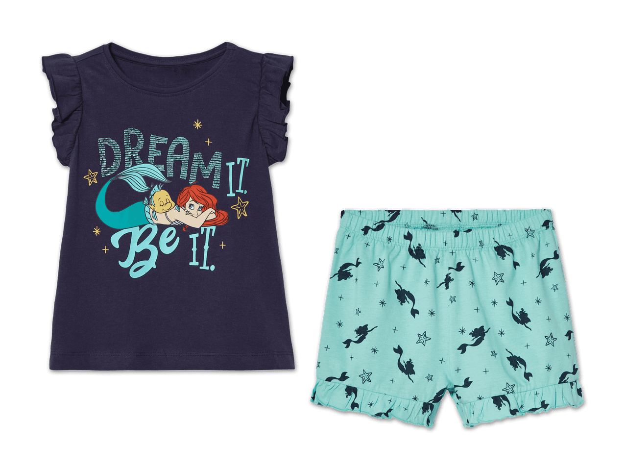 Baby-Pyjama mit Meerjungfrau-Motiv: dunkelblaues Shirt und hellblaue Shorts.