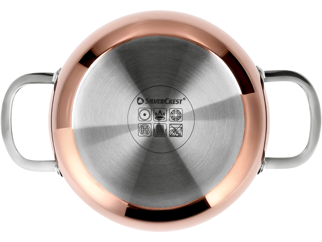 Дъно на медна тенджера Silvercrest със символи за съвместимост с котлони