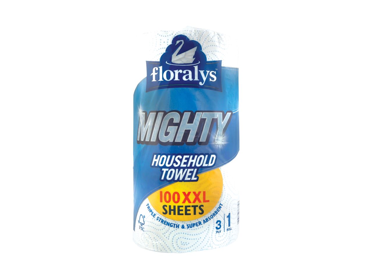 A roll of Floralys Mighty Household Towel with 100 XXL sheets.