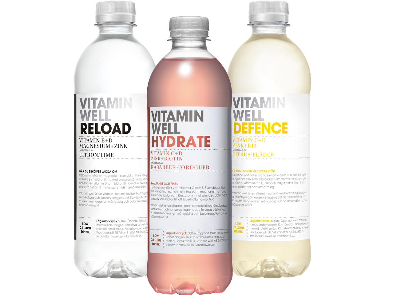 Tre flaskor Vitamin Well: Reload, Hydrate och Defence, med information om vitaminer och smaker.