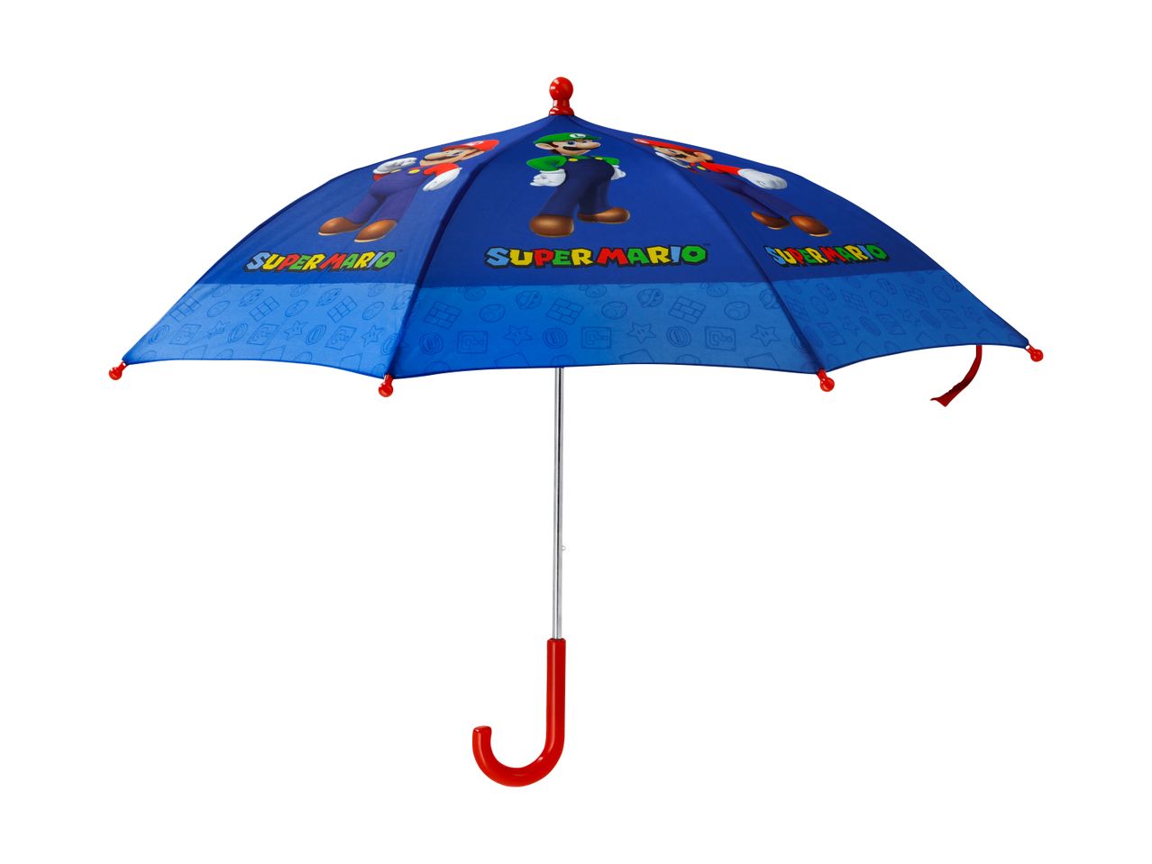 Blue children's umbrella with Mario and Luigi characters and game-themed patterns