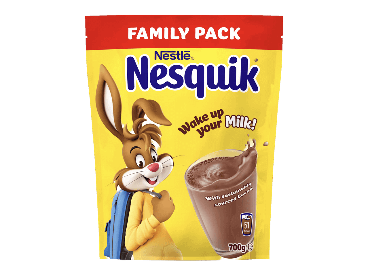Nestlén Nesquik-suklaajauheperhepakkaus, 700g, koostuu kestävästä kaakaosta.