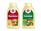To flasker med klassisk mayonnaise og remoulade, begge 375g, med serveringsforslag.