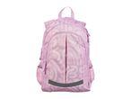 A lavender-colored backpack with a playful pattern and mesh side pockets.