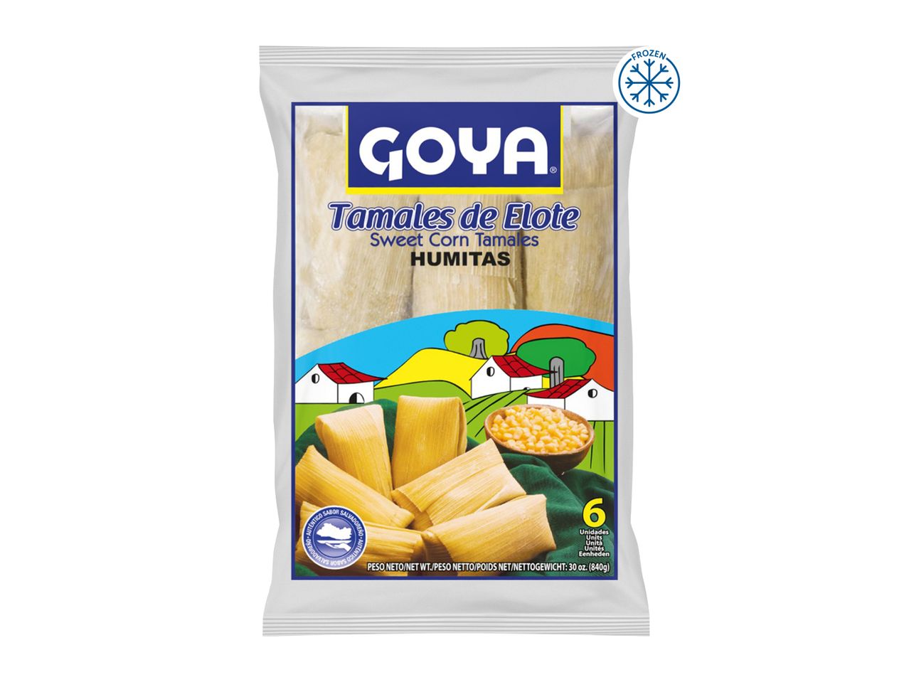 Frozen sweet corn tamales (humitas) in a package, showing six units and a bowl of corn.