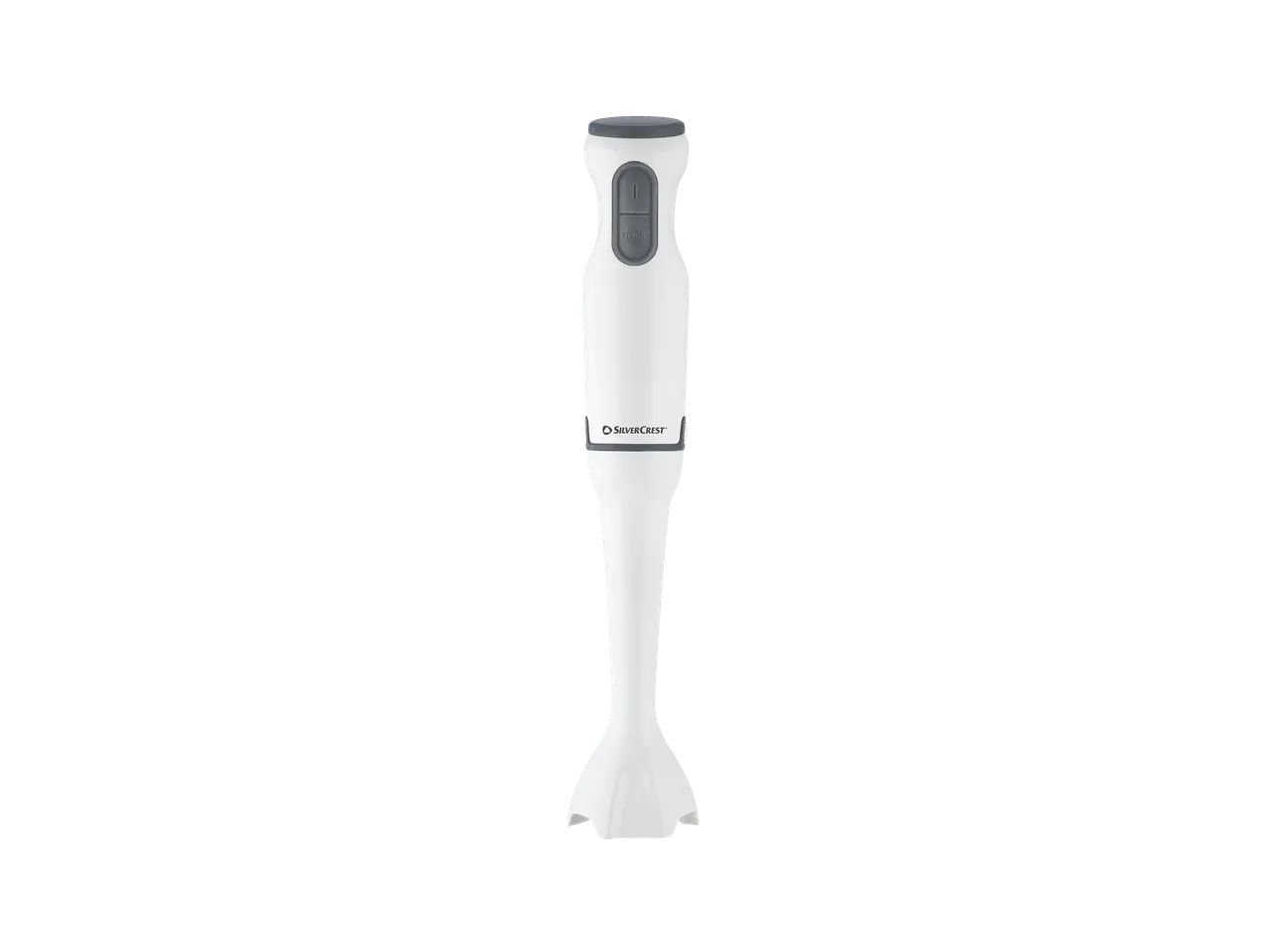 Mixeur plongeant blanc avec boutons gris et logo sur le manche.