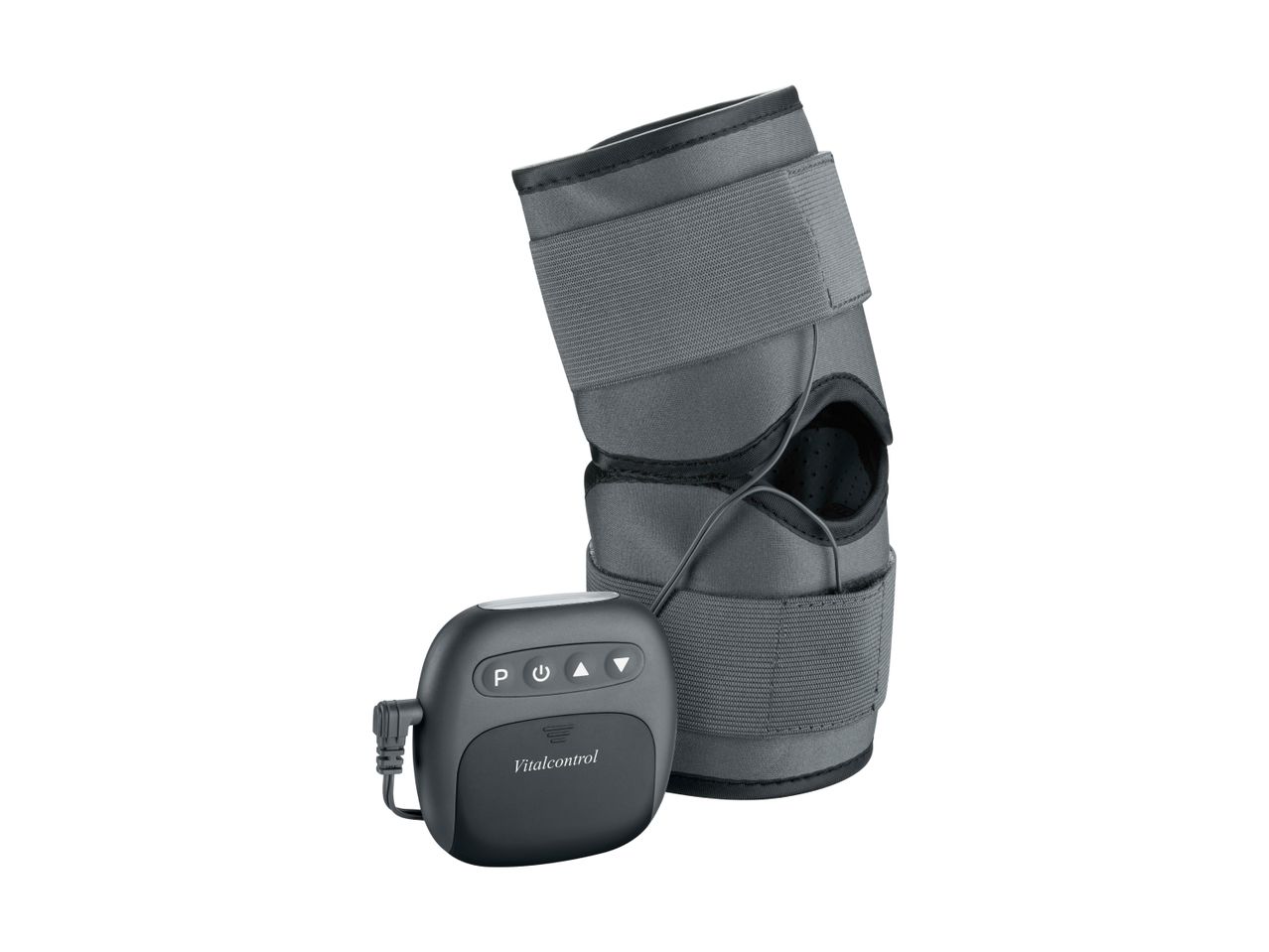 Knee brace with integrated control unit for electrostimulation therapy.