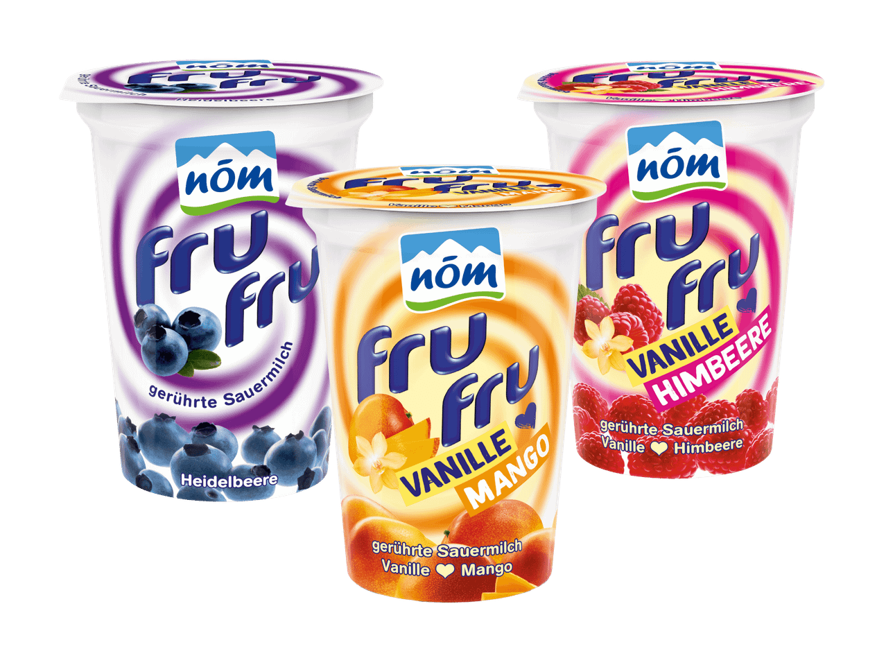 Drei Fruchtjoghurtbecher: Heidelbeere, Vanille-Mango und Vanille-Himbeere.