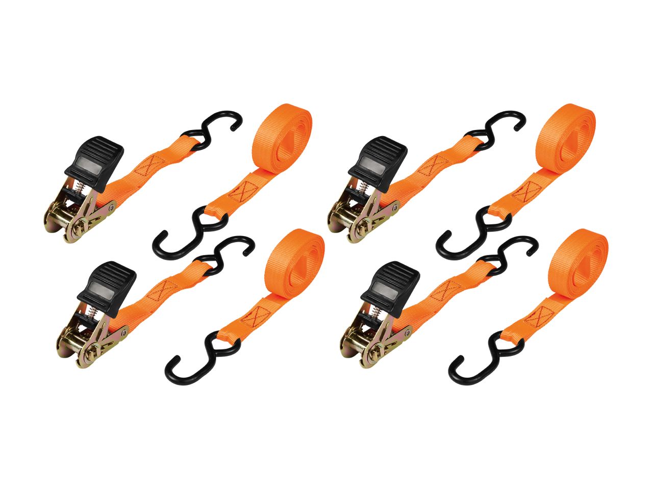 Sæt med seks orange surringsstropper med skralde og S-kroge.