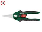 Green and black pruning shears with a red safety lock, featuring a 16+ age restriction symbol.