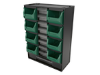 Étagère de rangement noire avec bacs verts et tiroirs transparents pour petits objets.