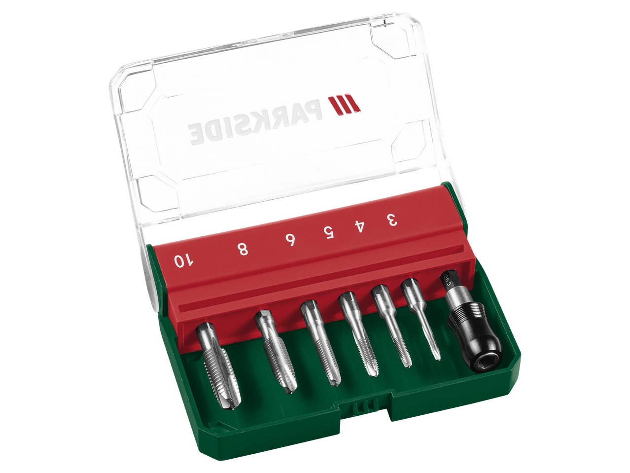 PARKSIDE® vītņgriežu komplekts ar 6 vītņgriežiem un turētāju sarkanā un zaļā kastē