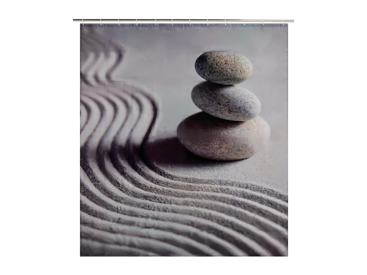 Shower curtain with a zen garden design featuring stacked stones and raked sand.
