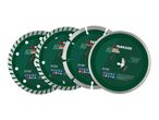Four green and silver diamond cutting discs for tiles and ceramics, with safety icons and product specifications.
