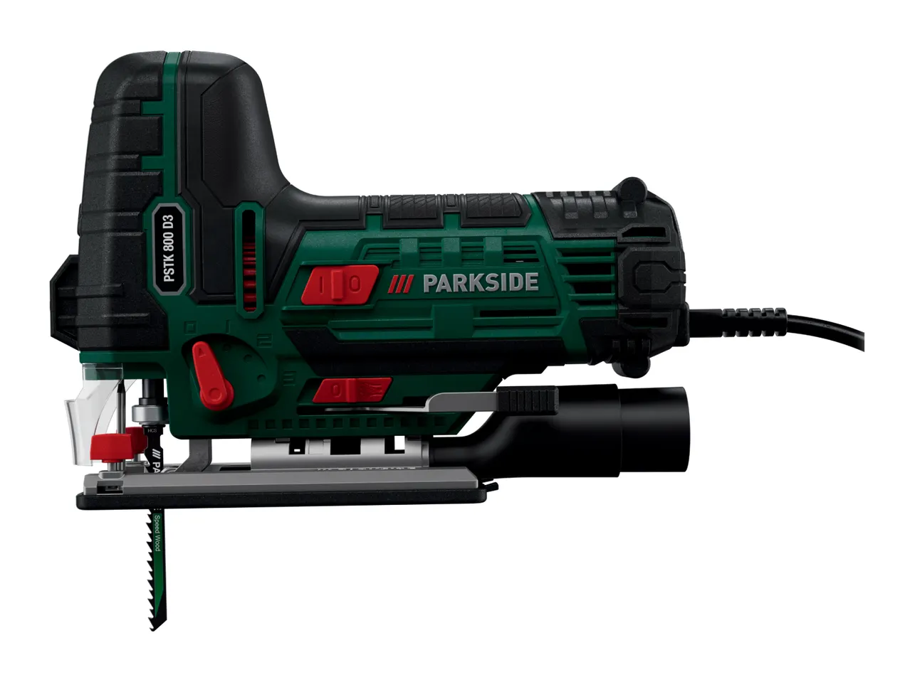 A green and black Parkside jigsaw with a wood-cutting blade.