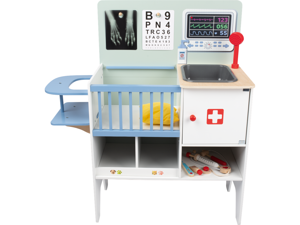 Station de jeu docteur pour enfants : berceau, lavabo et accessoires médicaux.