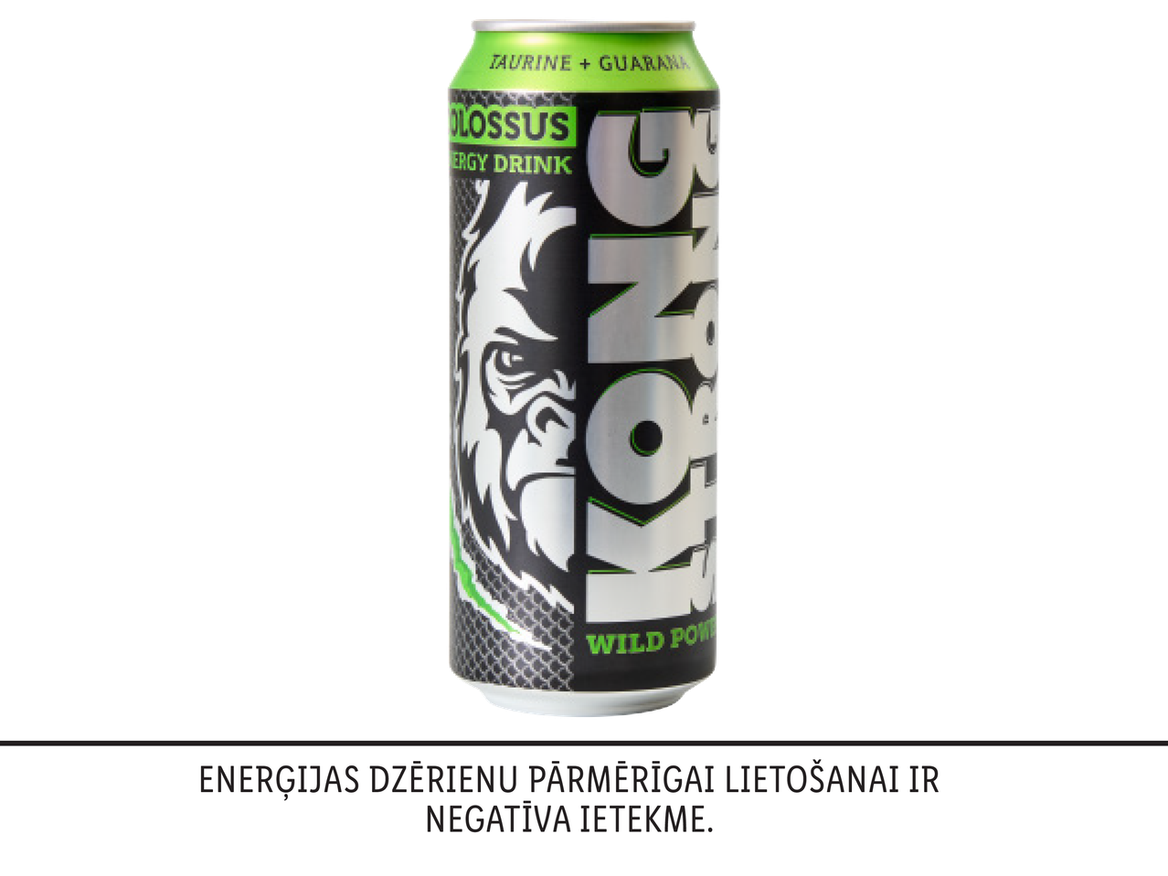 Kong Colossus enerģijas dzēriens ar taurīnu un guaranu, brīdinājums par pārmērīgu lietošanu.