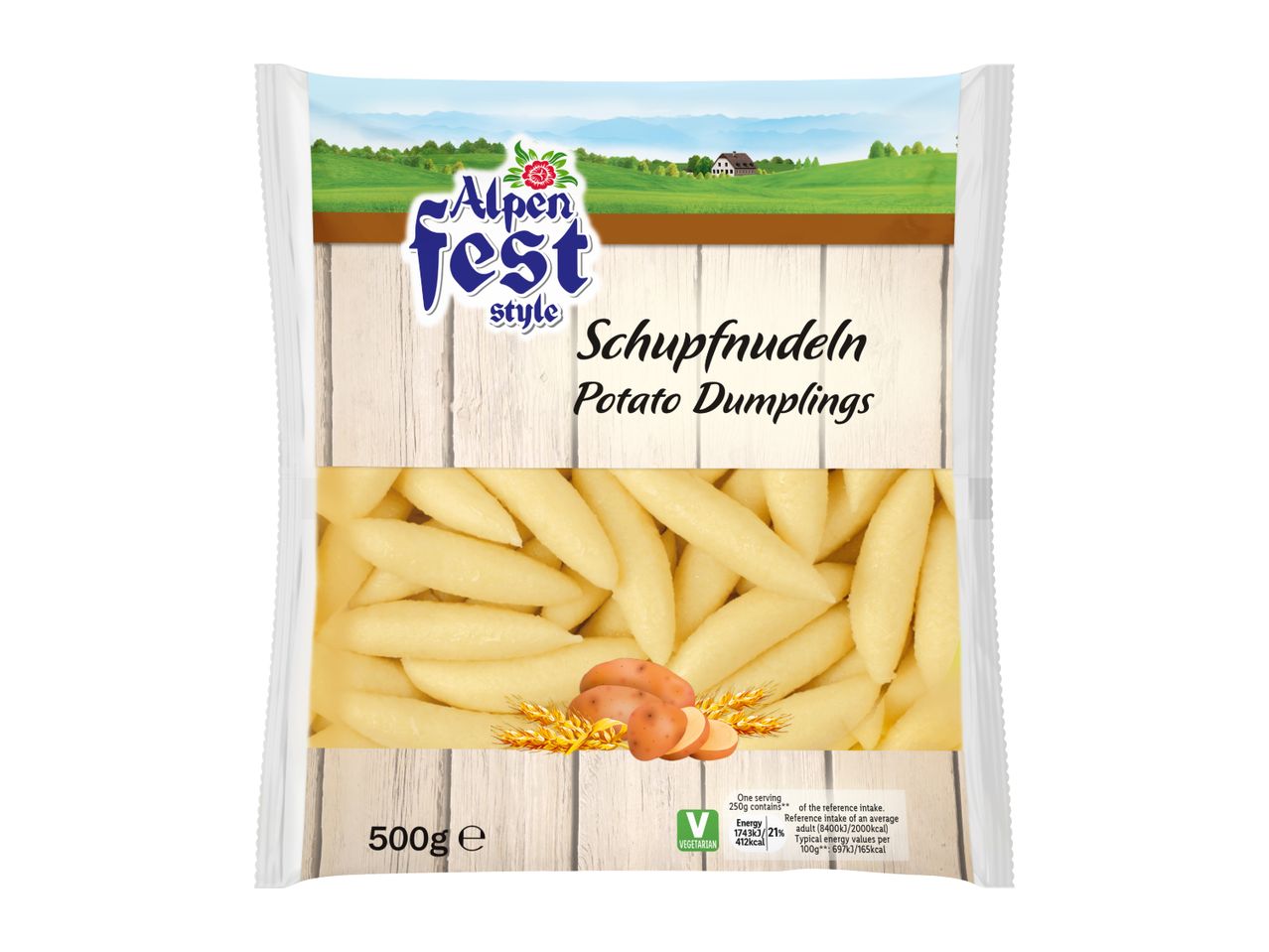 A 500g pack of potato dumplings with a vegetarian label.