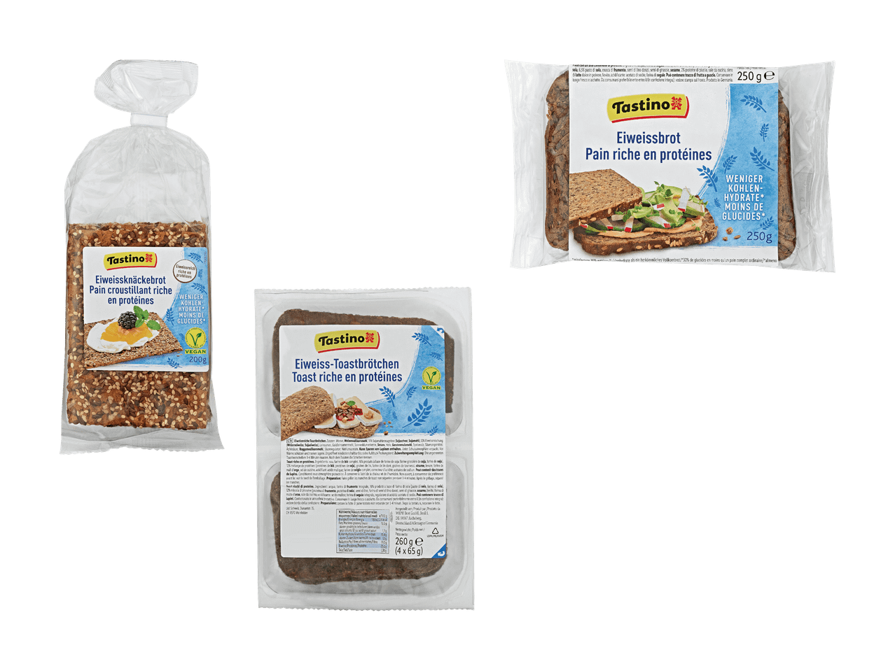 Trois produits de boulangerie riches en protéines : pain croustillant, pain de mie et pain tranché, tous à faible teneur en glucides.