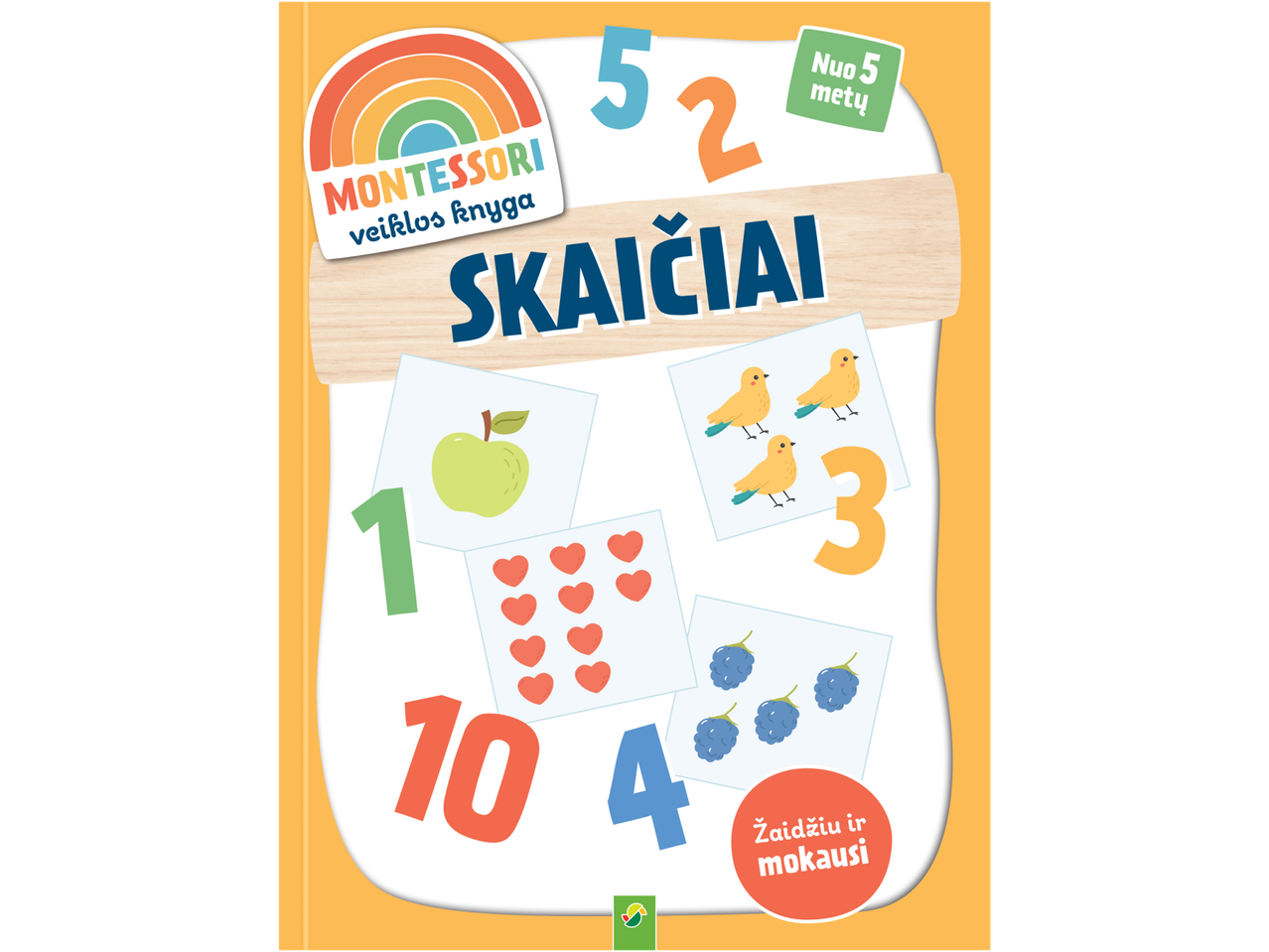 Montessori veiklos knyga „Skaičiai“ su skaičiais ir iliustracijomis.