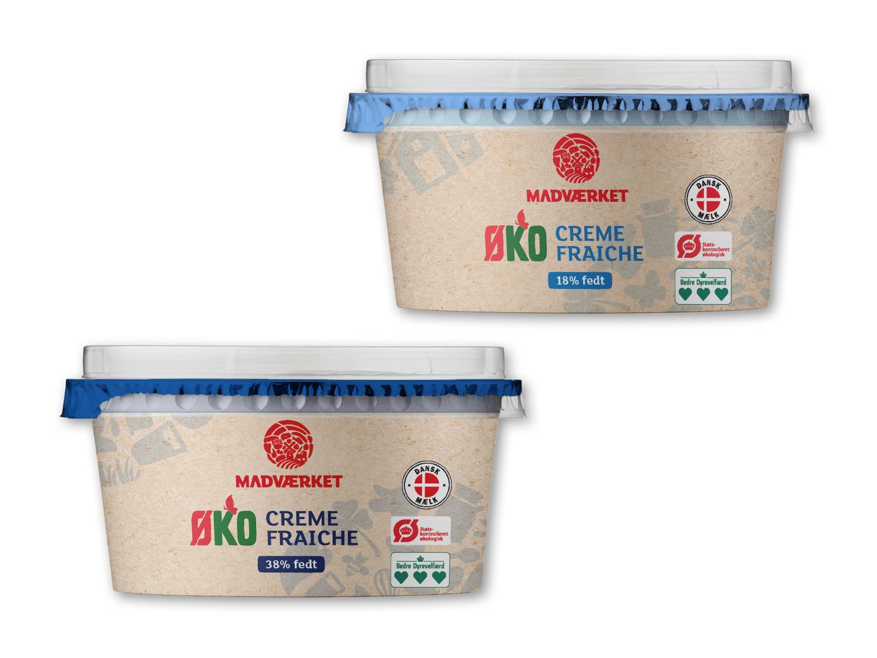 To beholdere med Madværket creme fraiche, en med 18% fedt og en med 38% fedt.