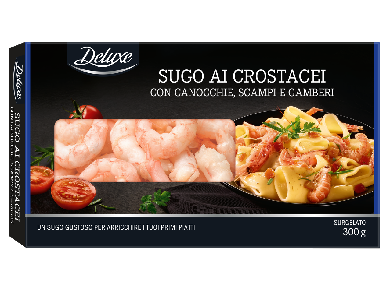 Deluxe jūros gėrybių padažas su krevetėmis ir makaronais juodame fone.