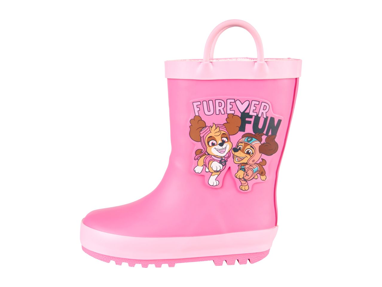 Pink Paw Patrol rain boot with Skye and Everest characters and 'Furever Fun' text.