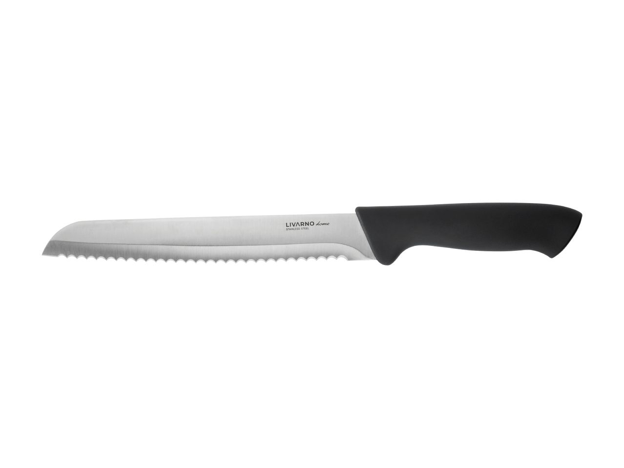 A Livarno Home stainless steel bread knife with a black handle.