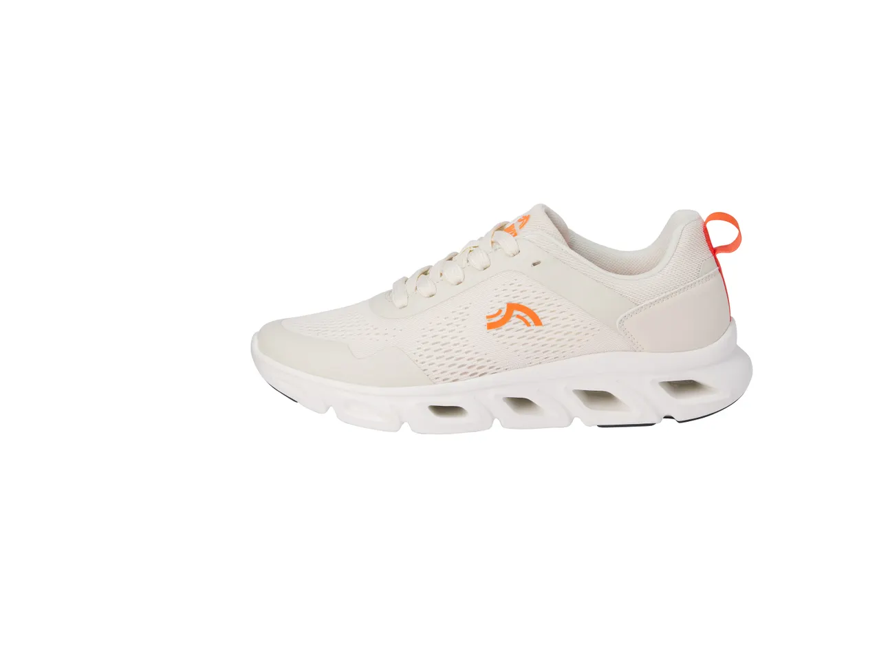 Scarpa da ginnastica bianca con dettagli arancioni.