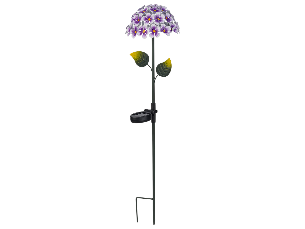 Lila hortenzia alakú napelemes kerti lámpa, zöld szárral és levelekkel.