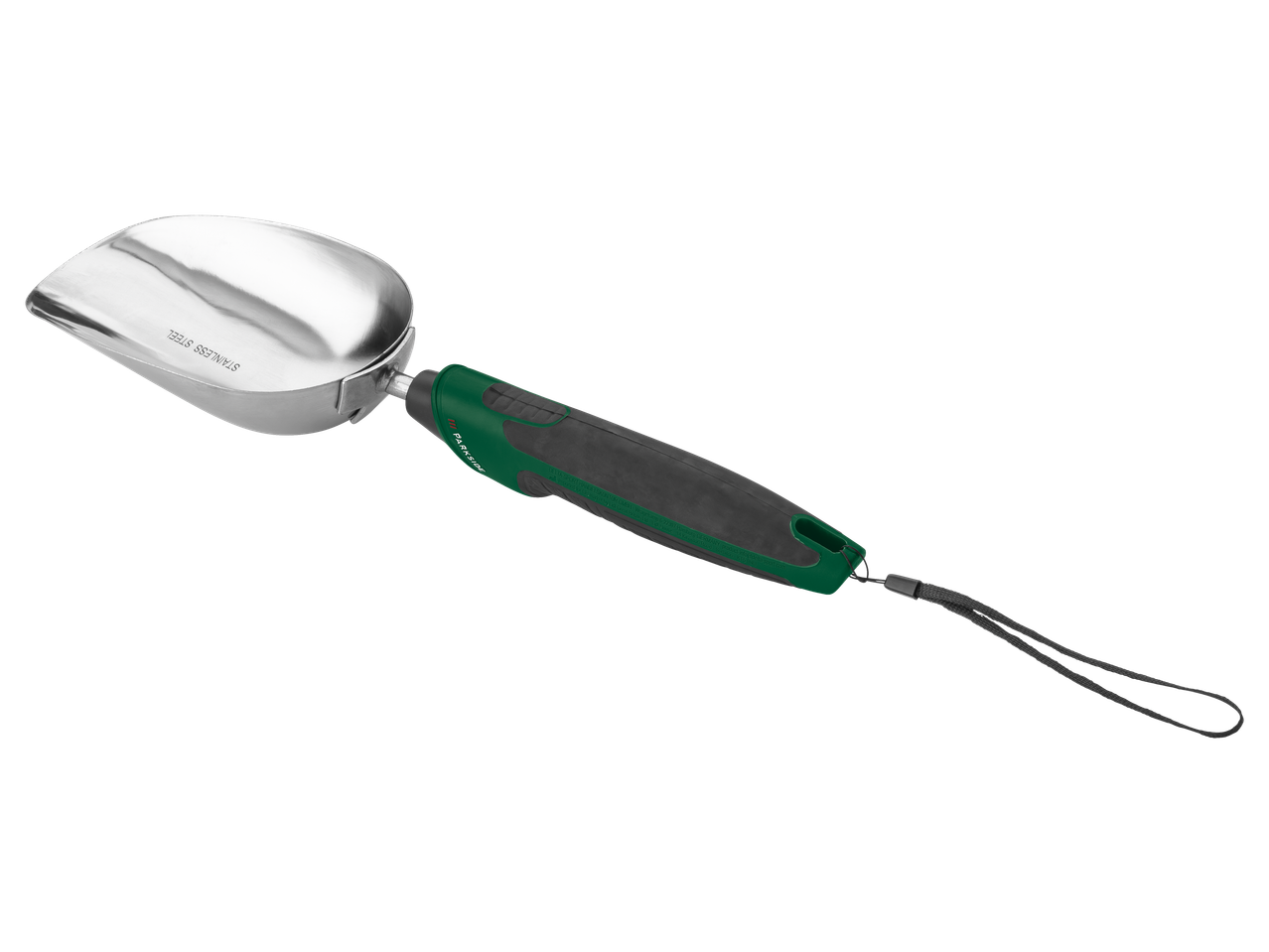Pá de mão pequena Parkside® em aço inoxidável com cabo verde.