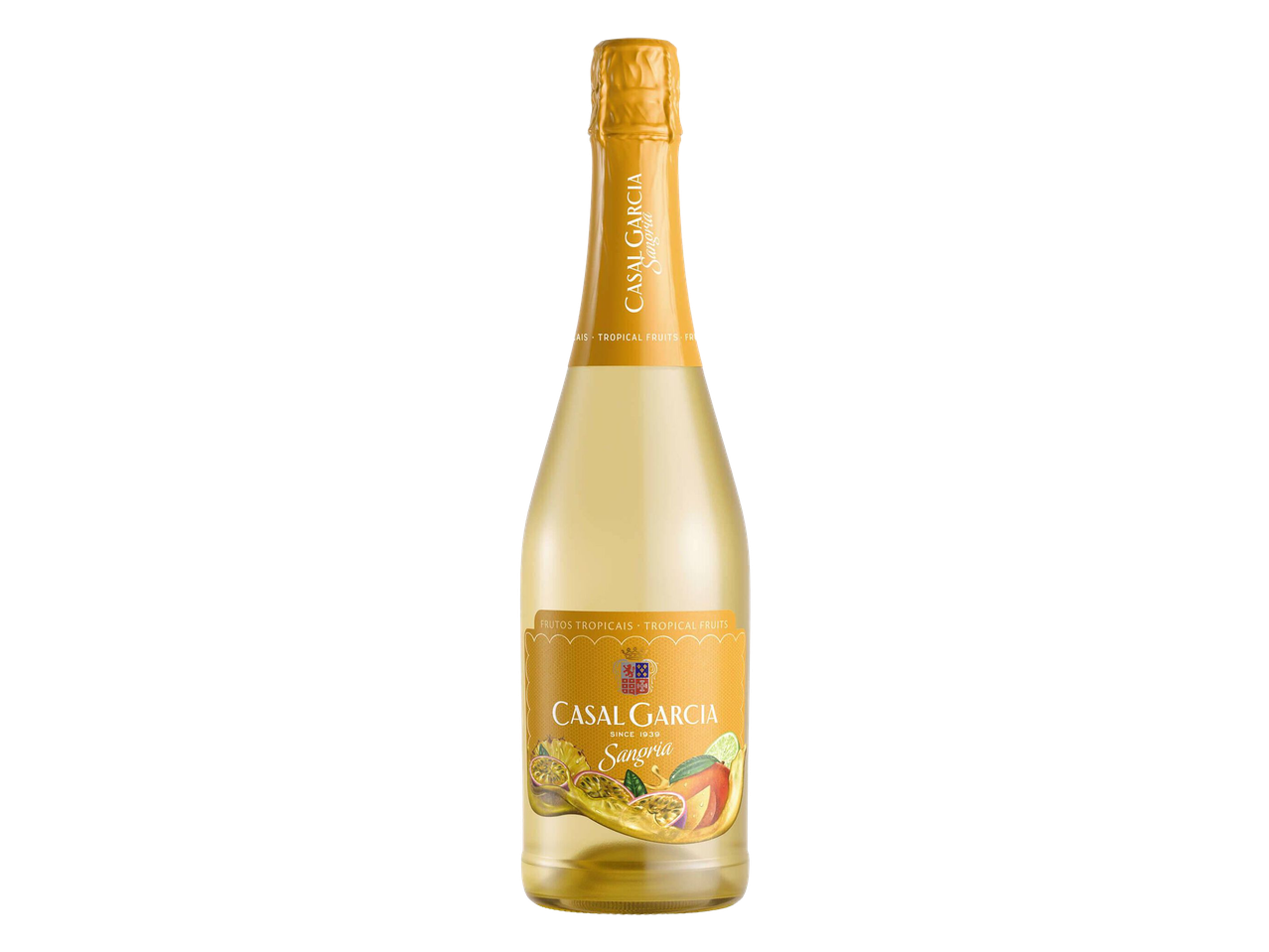 Garrafa de sangria de frutas tropicais com rótulo amarelo e dourado.