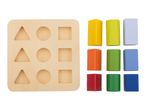 Wooden shape sorter with nine colorful geometric blocks: triangles, circles, and squares.