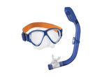 Blåt snorkeludstyr med maske og snorkel med orange rem.