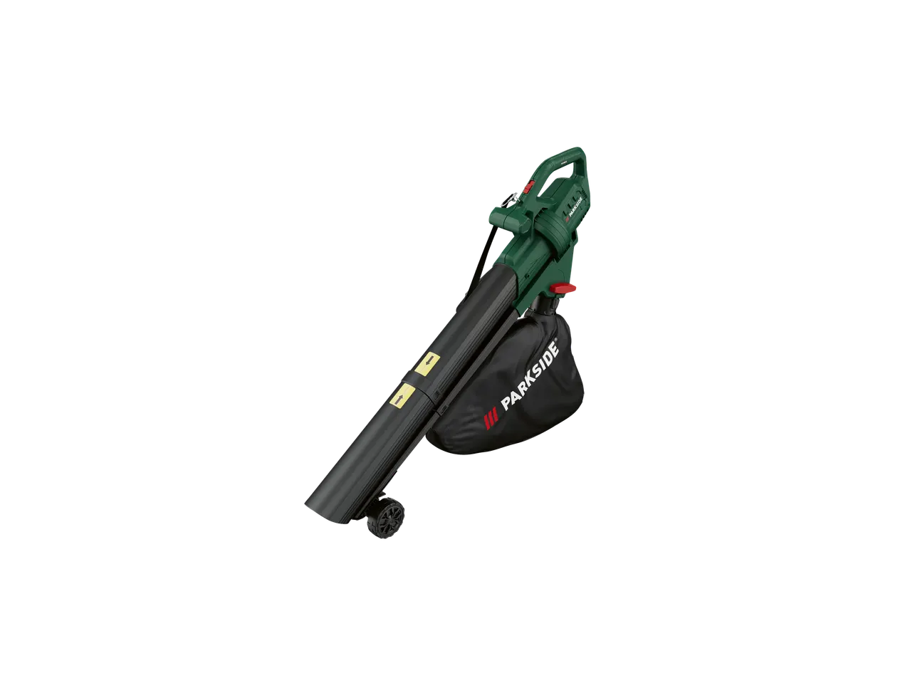 A Parkside leaf blower with a collection bag is shown.