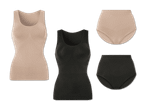 Beige und schwarze Shapewear: Tanktops und High-Waist-Höschen.