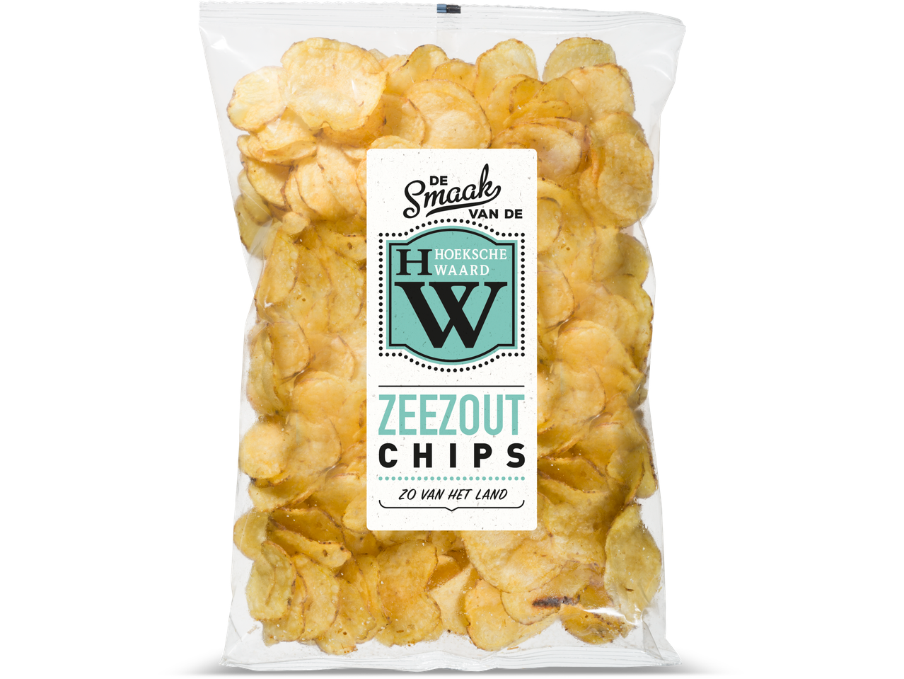 Zak De Hoeksche Waard zeezout chips, met een vintage-stijl etiket.