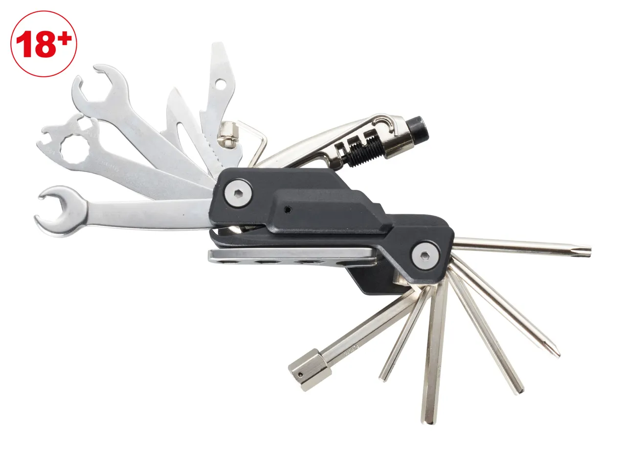 Multi-tool with wrenches, hex keys, screwdrivers, and a chain breaker, with an '18+' age rating.