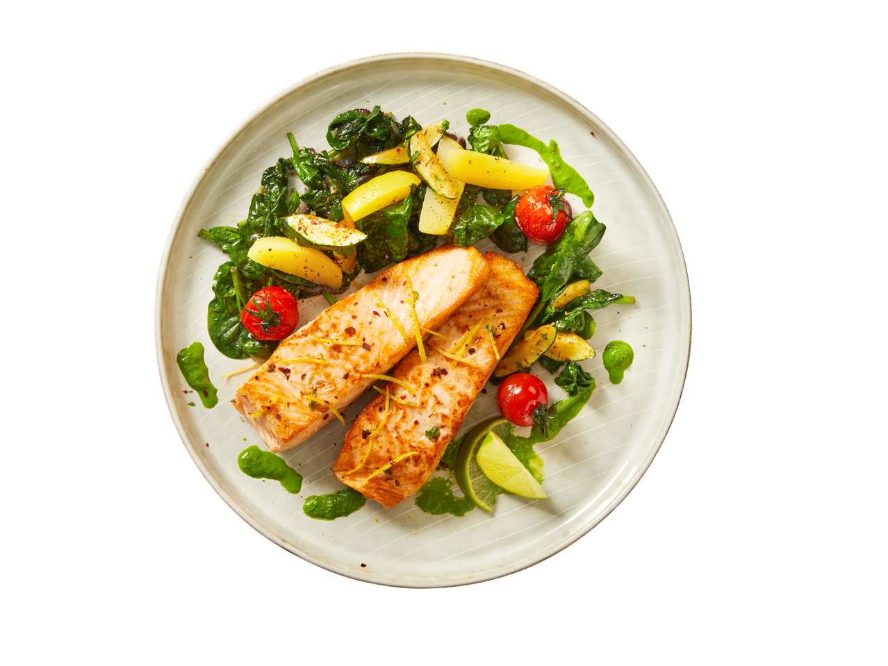 Lighthouse Bay 2 Skinless Salmon Darnes with spinach, potatoes, tomatoes, and lime.