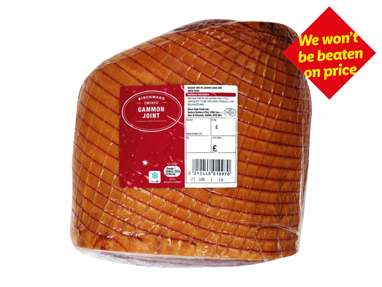 Smoked gammon joint with a red label stating 'We won't be beaten on price'.